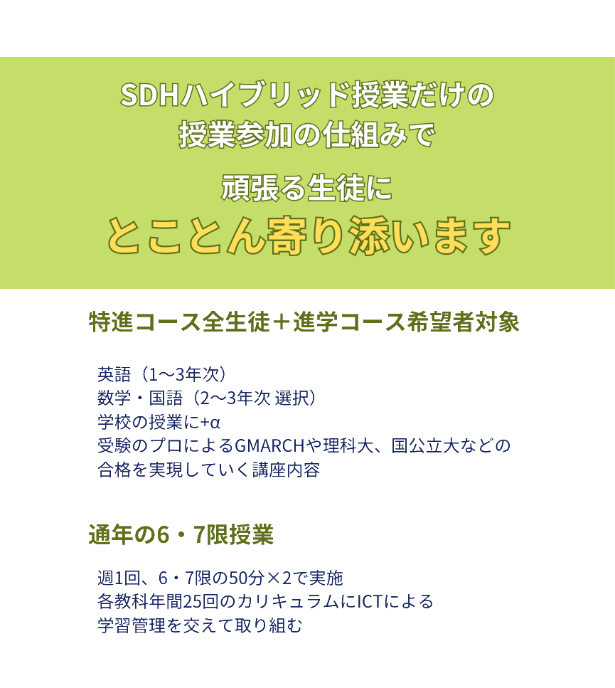 SDHハイブリット授業だけの授業参加の仕組みで頑張る生徒にとことん寄り添います
